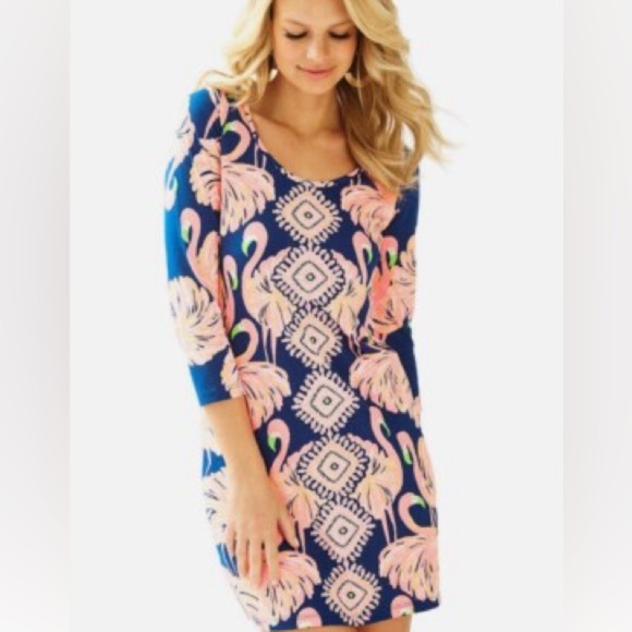 Lilly Pulitzer Gimme Some Leg Beacon Shift Dress Navy Pink Flamingo Size Small S - Picture 1 of 11